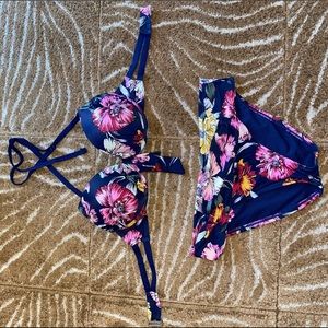 Blue floral bikini, top and bottoms